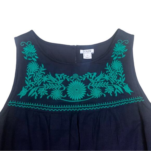 J. Crew Floral Embroidered Navy Blue Green Linen Sleeveless Short Shift Dress XS - Picture 3 of 12